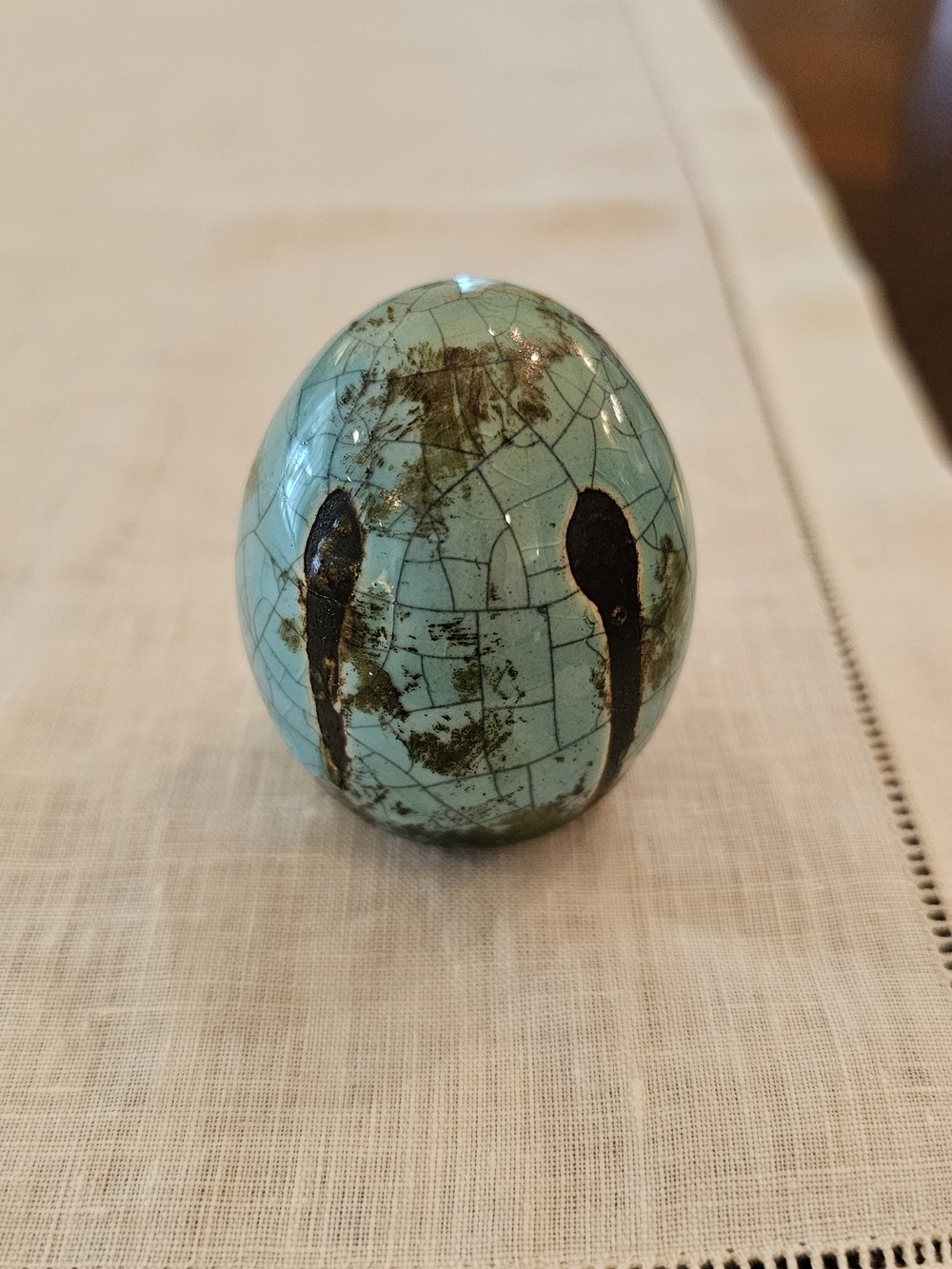 Vintage Houston Studio Art Pottery Turquoise Raku Crackle Glaze Ceramic Egg
